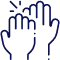 Multiple hands raised upward with sparkles, symbolizing dental care collaboration and patient engagement.