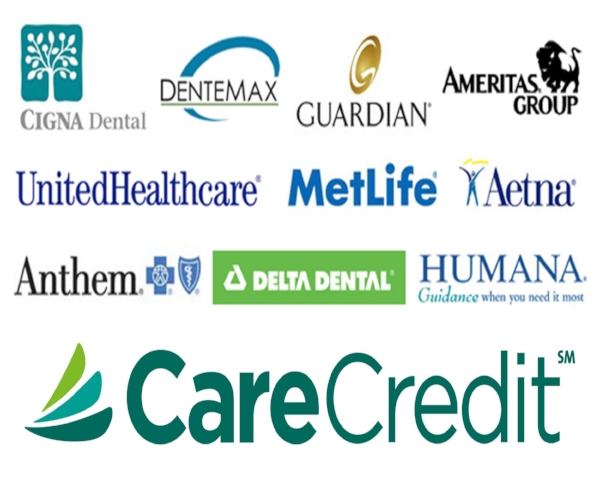 Logos of major dental and health insurance providers including CIGNA, Dentemax, Guardian, UnitedHealthcare, MetLife, Aetna, Anthem, Delta Dental, Humana, and CareCredit.